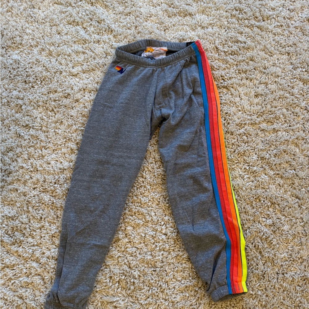 Aviator Nation Gray Joggers with Rainbow Stripes